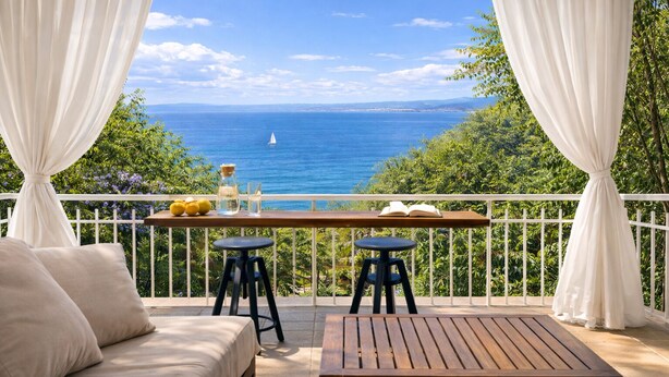 A balcony with a view of the sea, a table with a bottle and glasses, two stools, and a sofa. - Grand Seaview Retreat - walk to the beach (Thessaloniki)