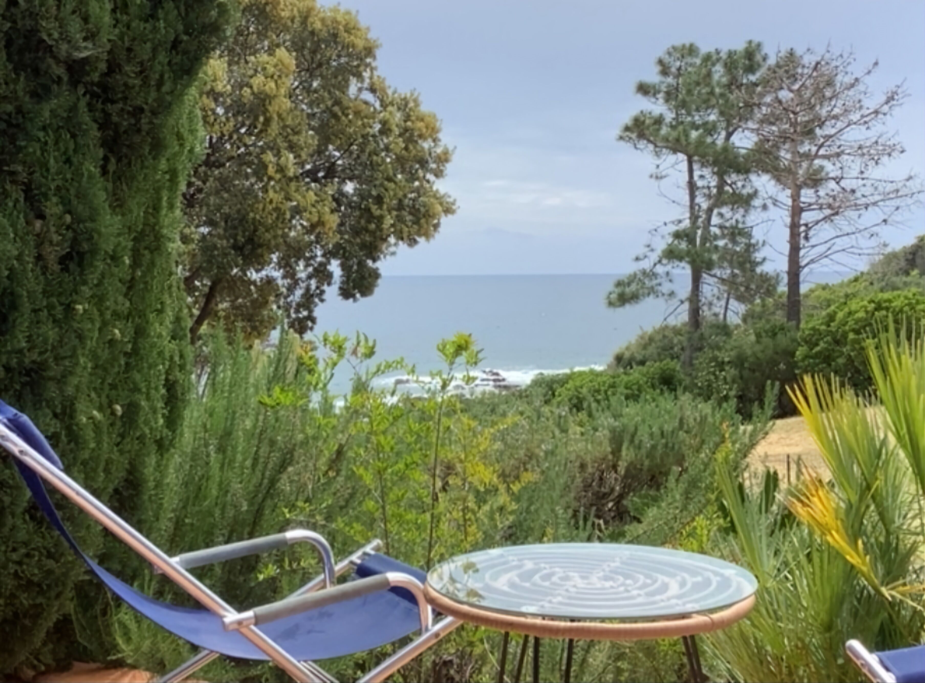 Un giardino con vista sul mare, con un tavolo e delle sedie.
