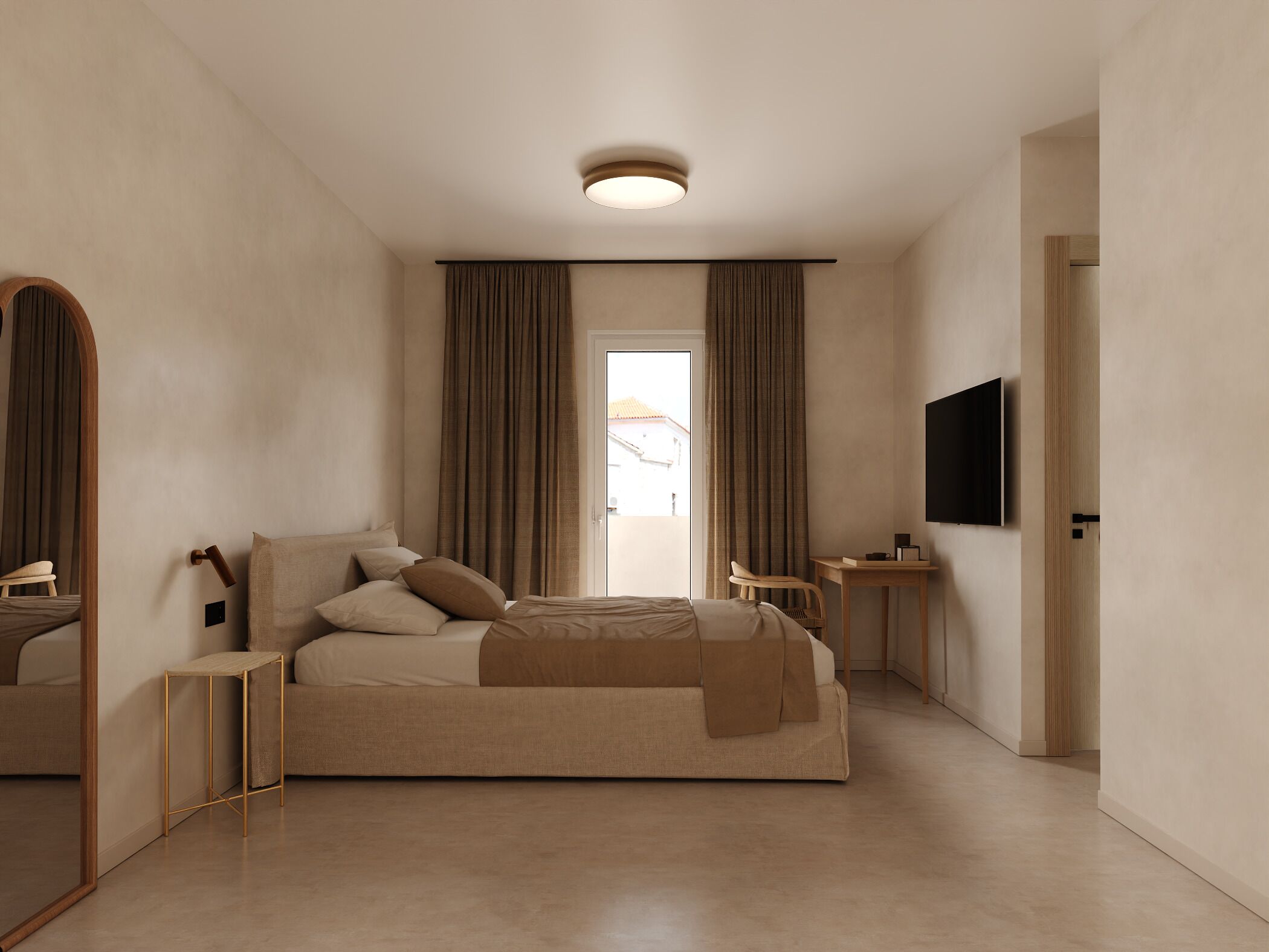 A modern hotel room with a large bed, a desk, a flat-screen TV, and a large mirror.