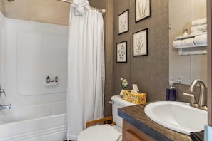 Combined shower/tub, hair dryer, towels