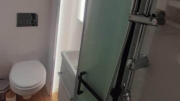 Douche, serviettes fournies, savon, shampoing