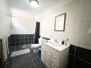 Hair dryer, towels, soap