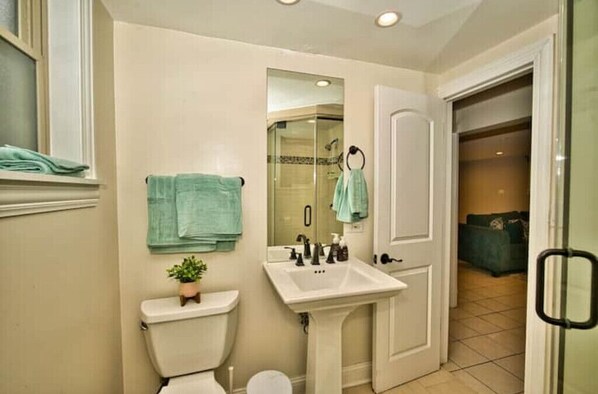 Shower, hair dryer, towels, soap