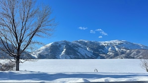 Paisaje nevado con cielo despejado, un árbol y montañas al fondo.