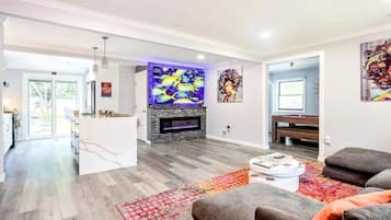 Smart TV, fireplace, video games, ping pong