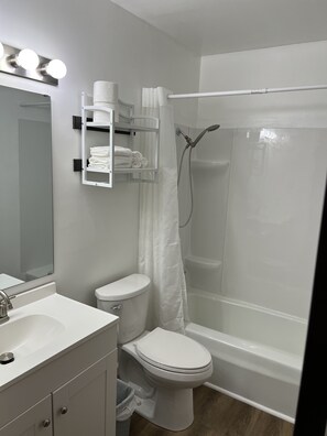 Hair dryer, towels, soap, toilet paper