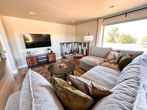 TV connectée, cheminée, livres