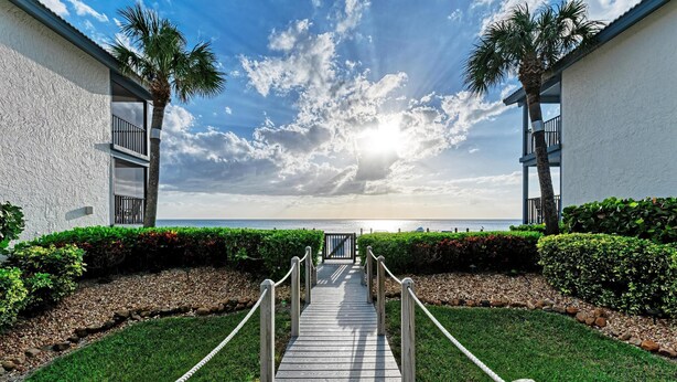 A wooden pathway leading to a balcony with a view of the sea, flanked by palm trees and a white building.