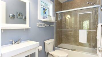 Hair dryer, towels, soap, shampoo