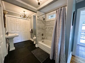Hair dryer, towels, soap, shampoo