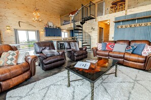 Smart TV, fireplace, books