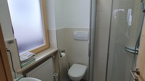 A bathroom with a glass shower enclosure, a toilet, a sink, and a window with frosted glass. - (6) cozy vacation apartment, 22 sqm with balcony (Reit im Winkl)
