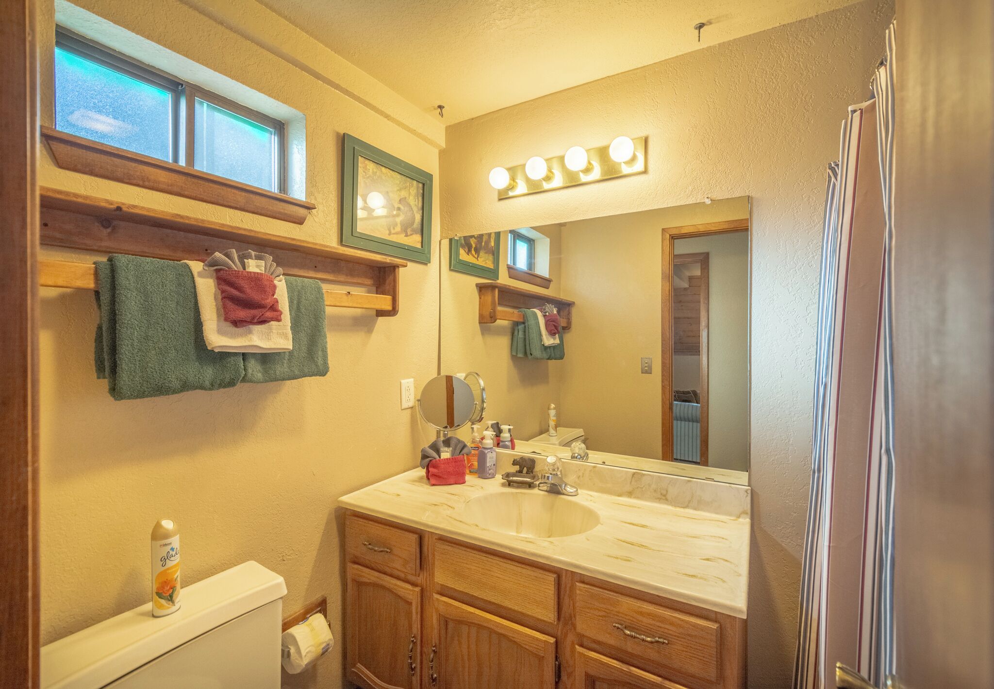 A bathroom with a sink, mirror, and towel rack.