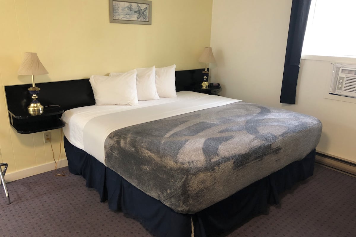 Quarto de hotel com uma cama, duas mesas de cabeceira com luminárias, uma obra de arte na parede e uma janela com cortinas.