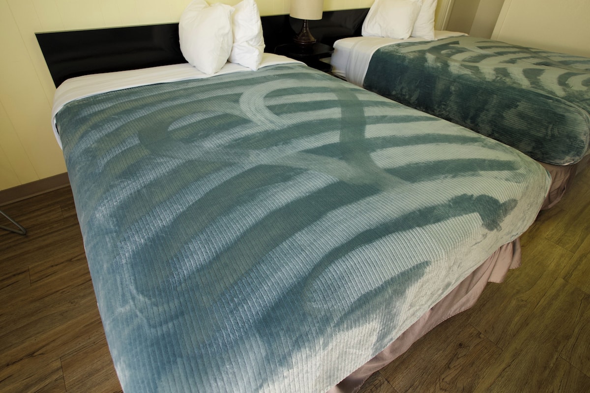 Quarto de hotel com duas camas, cada uma com colcha estampada, mesa de cabeceira com abajur e criado-mudo.