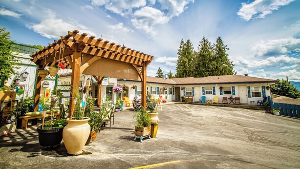 Un espacio al aire libre cubierto con plantas en macetas y mobiliario exterior.