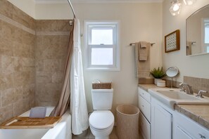 Hair dryer, towels, soap, shampoo