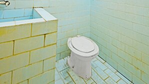 Een kleine, smalle badkamer met toilet en bad.