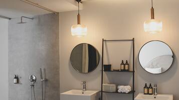 Separate bathtub and shower, rainfall showerhead, hair dryer, bathrobes