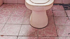 Een toilet in een ruimte met roze betegelde muren en vloer.
