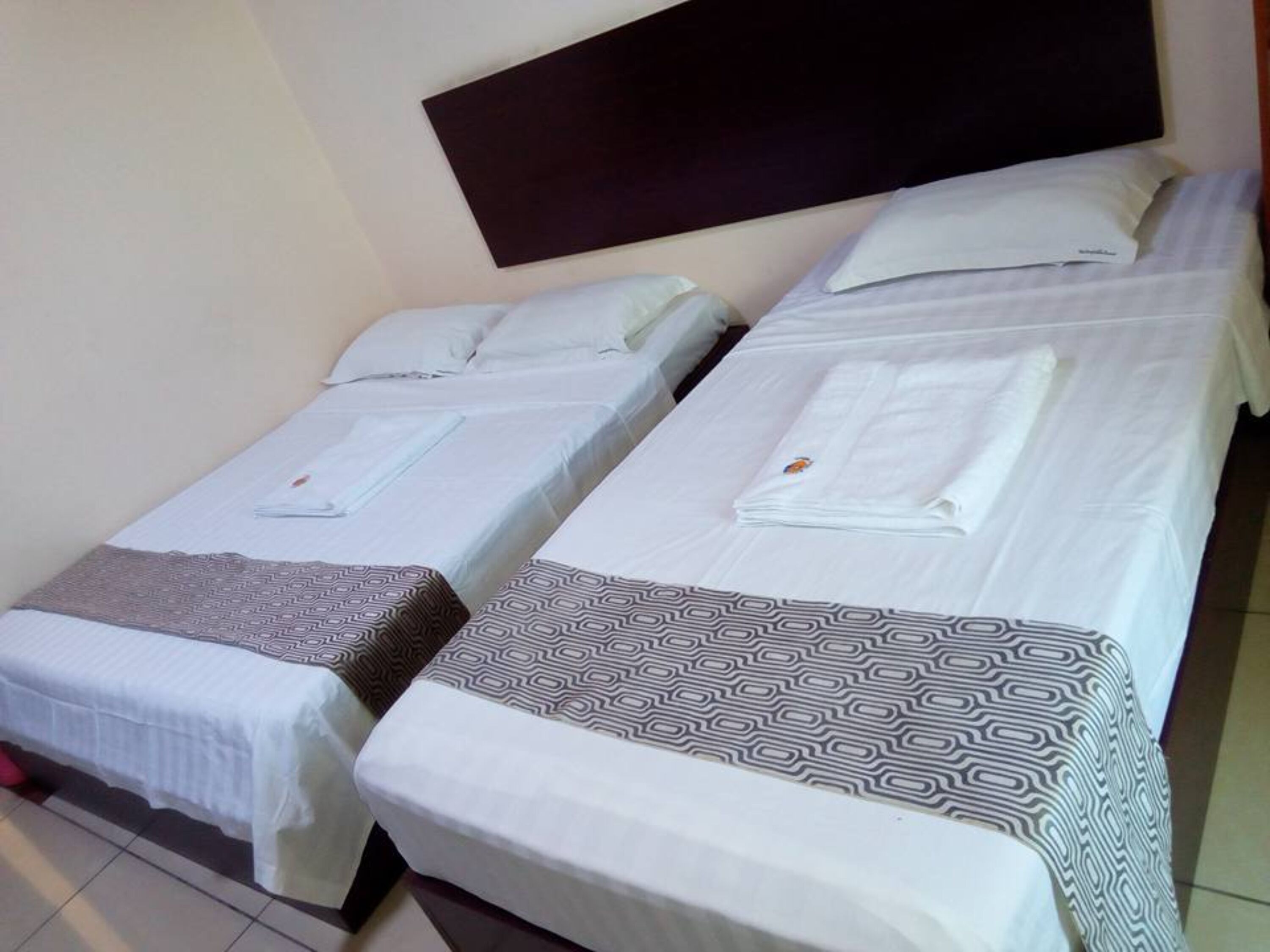 Una habitación de hotel con dos camas individuales, cada una con una colcha y almohadas estampadas.