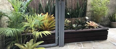 Un jardín con varias plantas en macetas y una jardinera de madera.