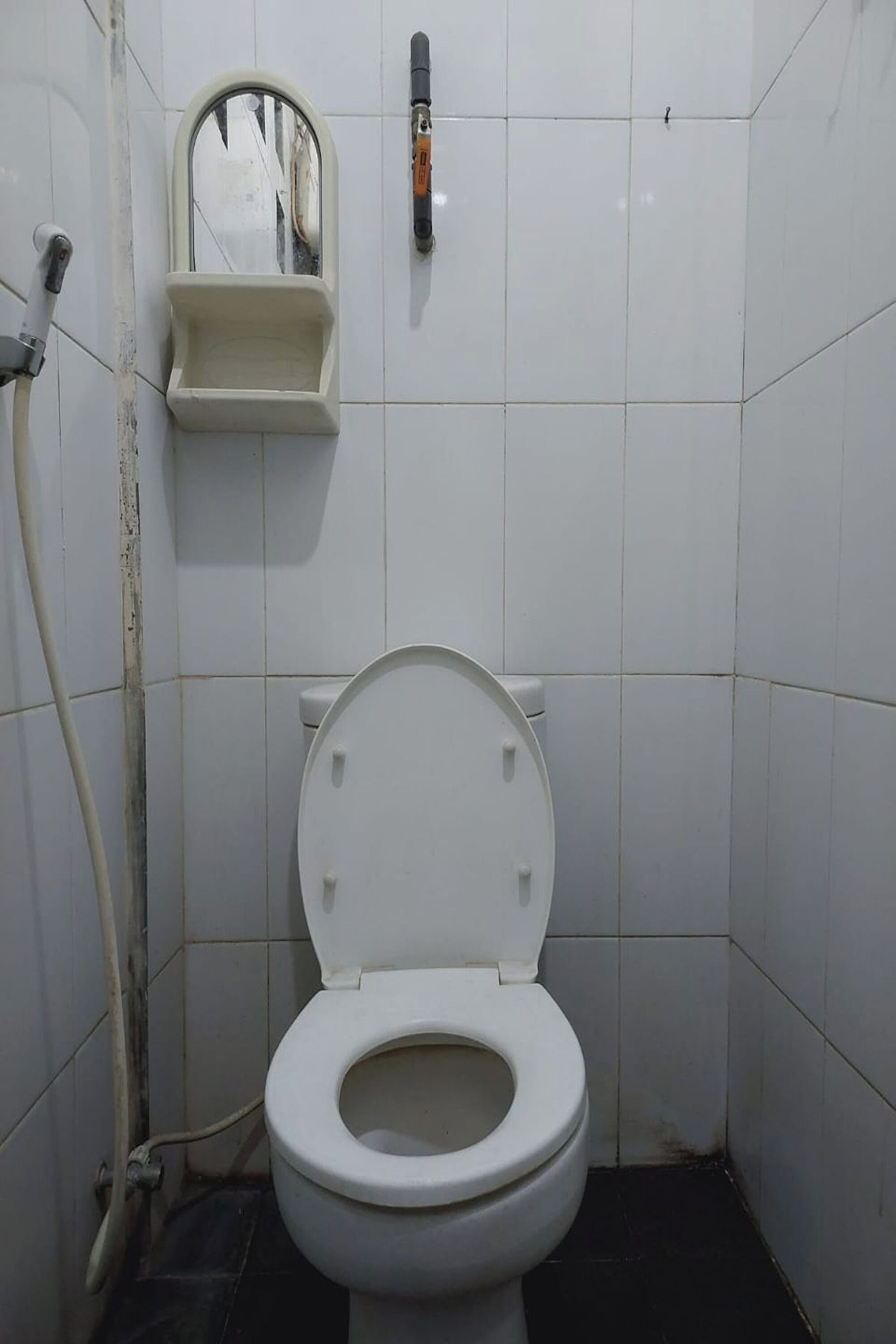 Een kleine, eenvoudige badkamer met een wit toilet, een spiegel en een handdouche.