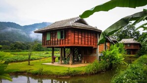 Una casa di legno con tetto di paglia, sollevata su palafitte, immersa nel verde e affiancata da uno stagno.