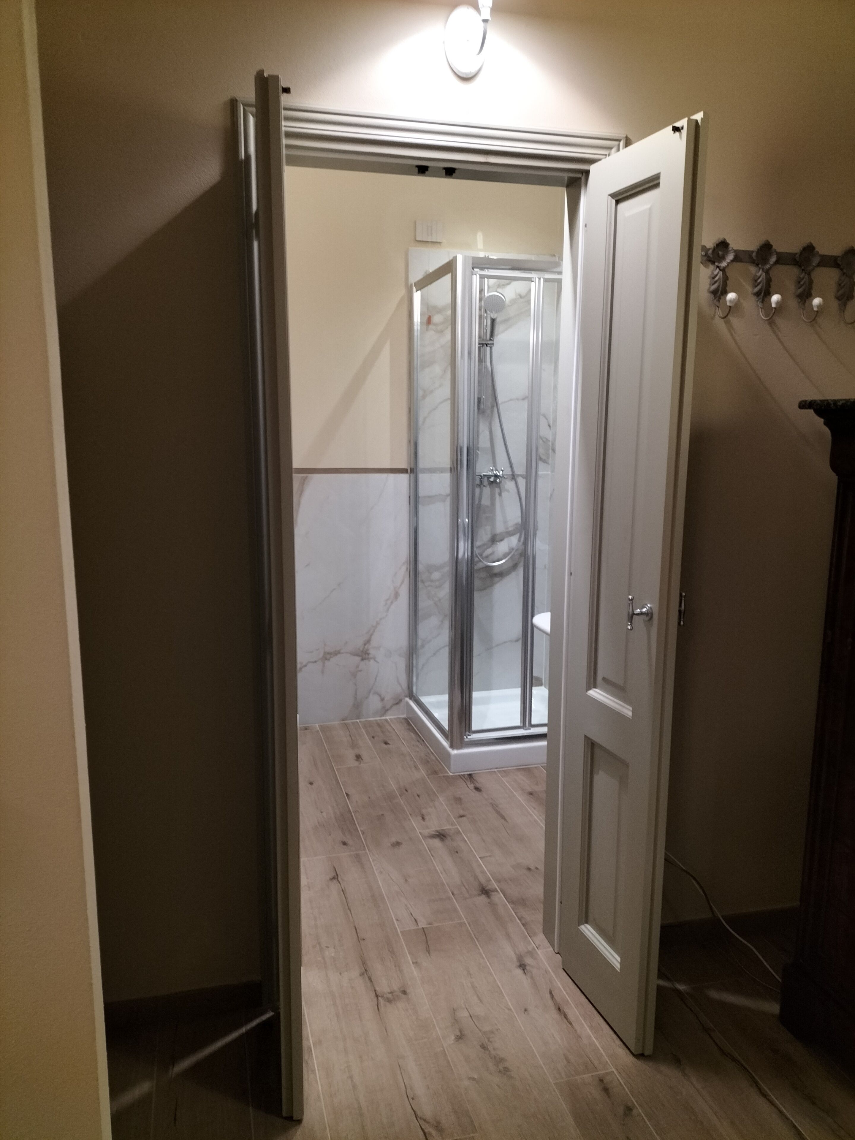 Une salle de bain avec une douche à parois de verre, un plancher en bois et une porte blanche.