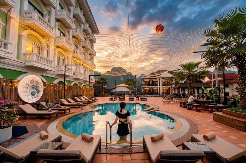 Zona de piscina hotelera con sillas de descanso, un globo aerostático en el cielo y luces colgantes.