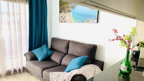 A living room with a dark brown sofa, two blue cushions, a beige throw blanket, and a green vase with flowers on a black countertop. - Apartment for 2 in Nerja center (Nerja)