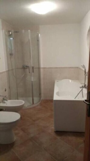 Hair dryer, bidet, towels, soap