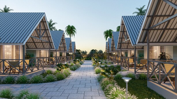 Una hilera de cabañas modernas de estilo A, con zonas de estar al aire libre y un sendero central.