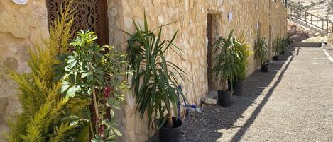 A stone building with a gravel driveway and potted plants along the side.