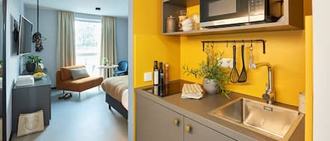 Studio | Premium bedding, laptop workspace, blackout drapes, soundproofing