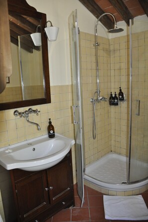 Douche, sèche-cheveux, serviettes fournies, savon