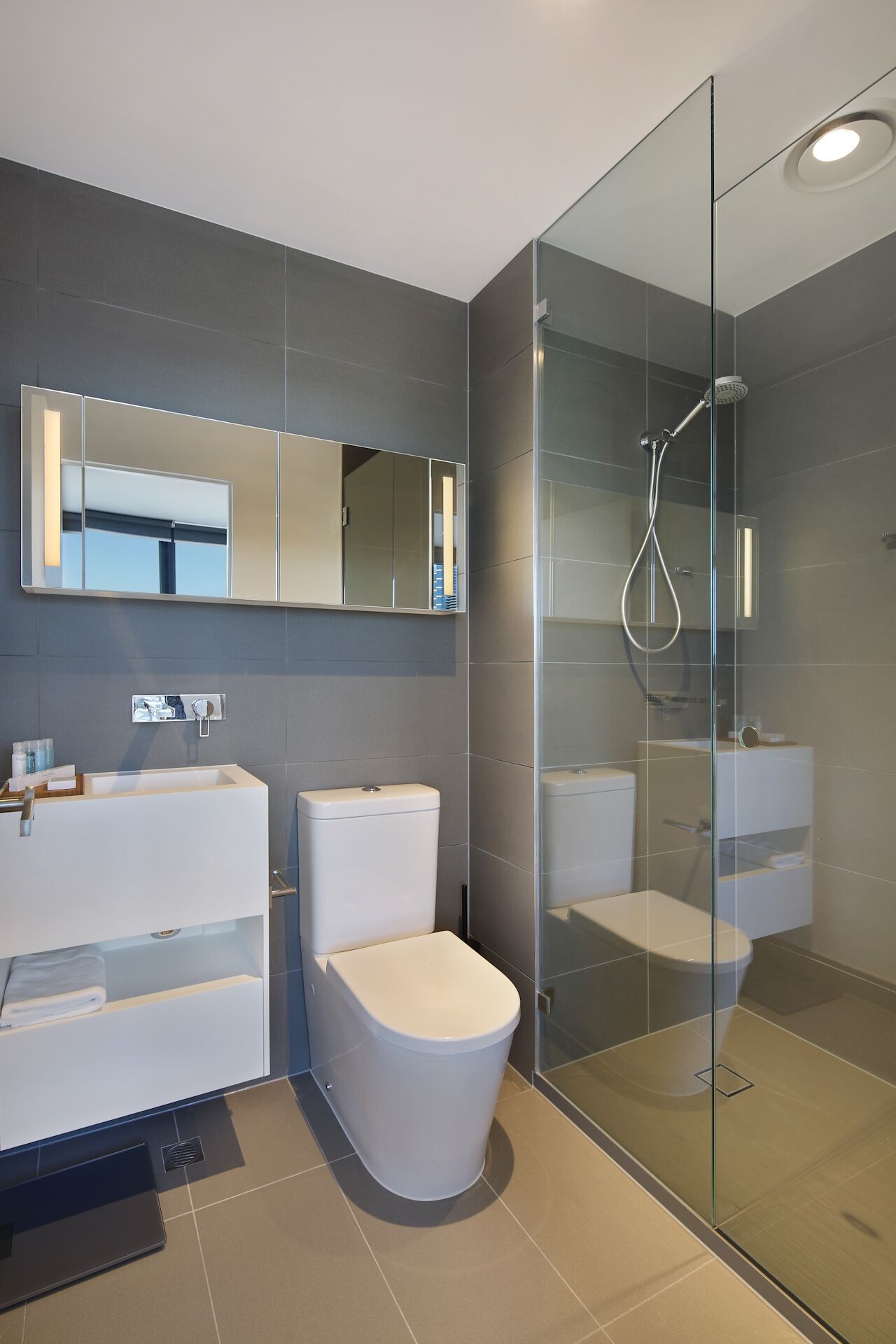 A modern bathroom with a glass-enclosed shower, a white toilet, and a vanity with a mirror.