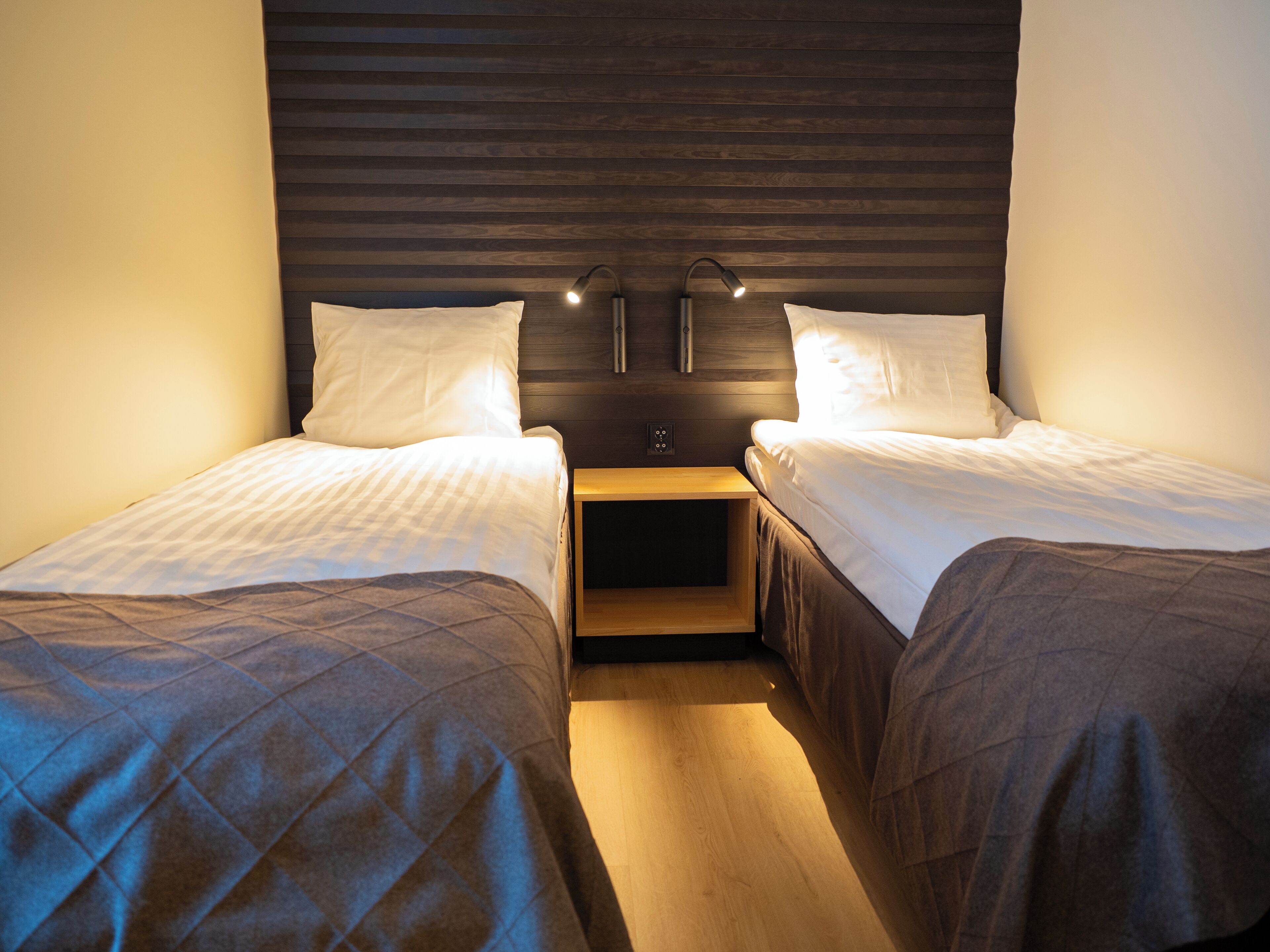 A hotel room with two single beds, wooden headboards, a nightstand, and a wall-mounted lamp.