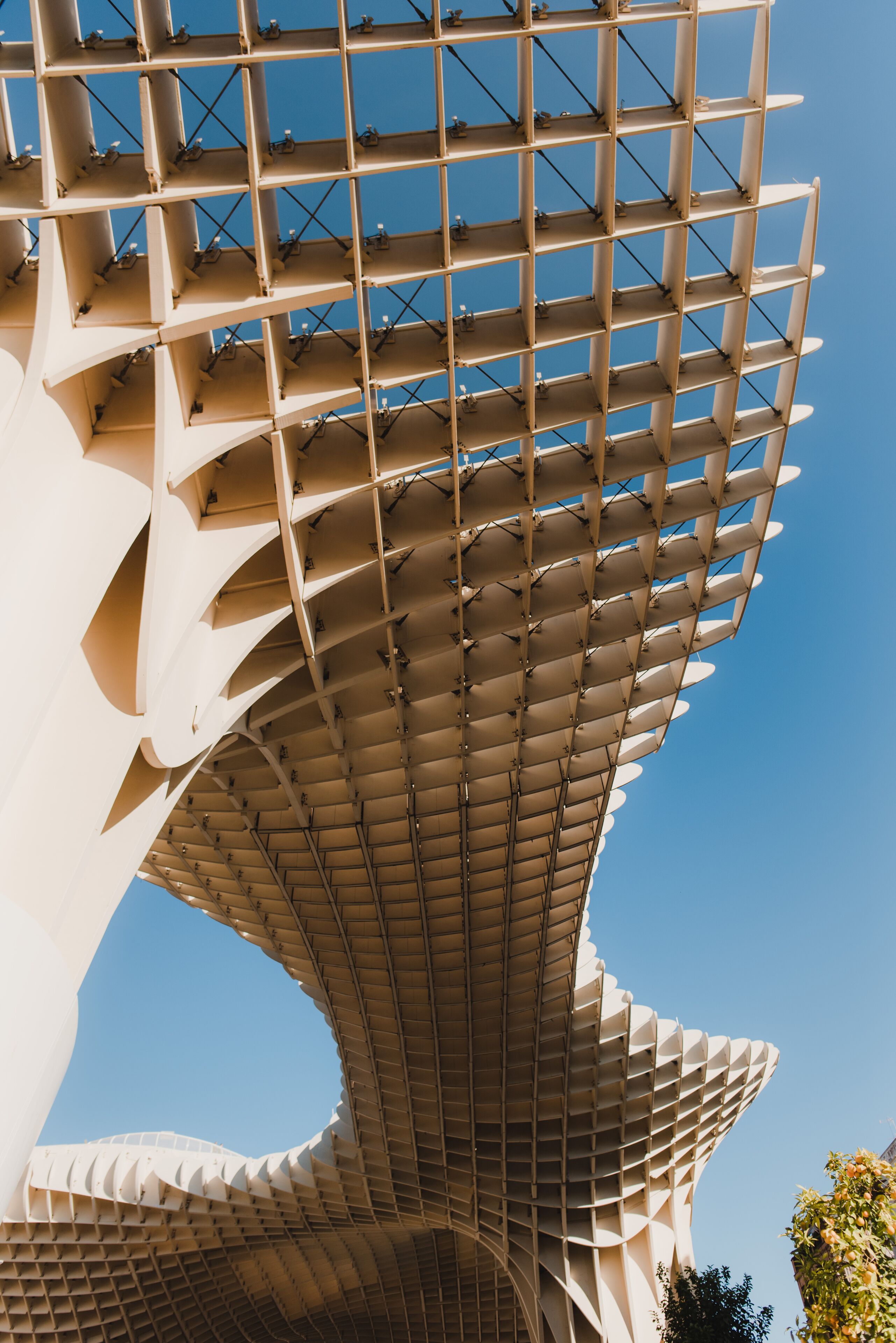 A modern architectural structure with a unique, curved design and a grid-like pattern on the upper part.