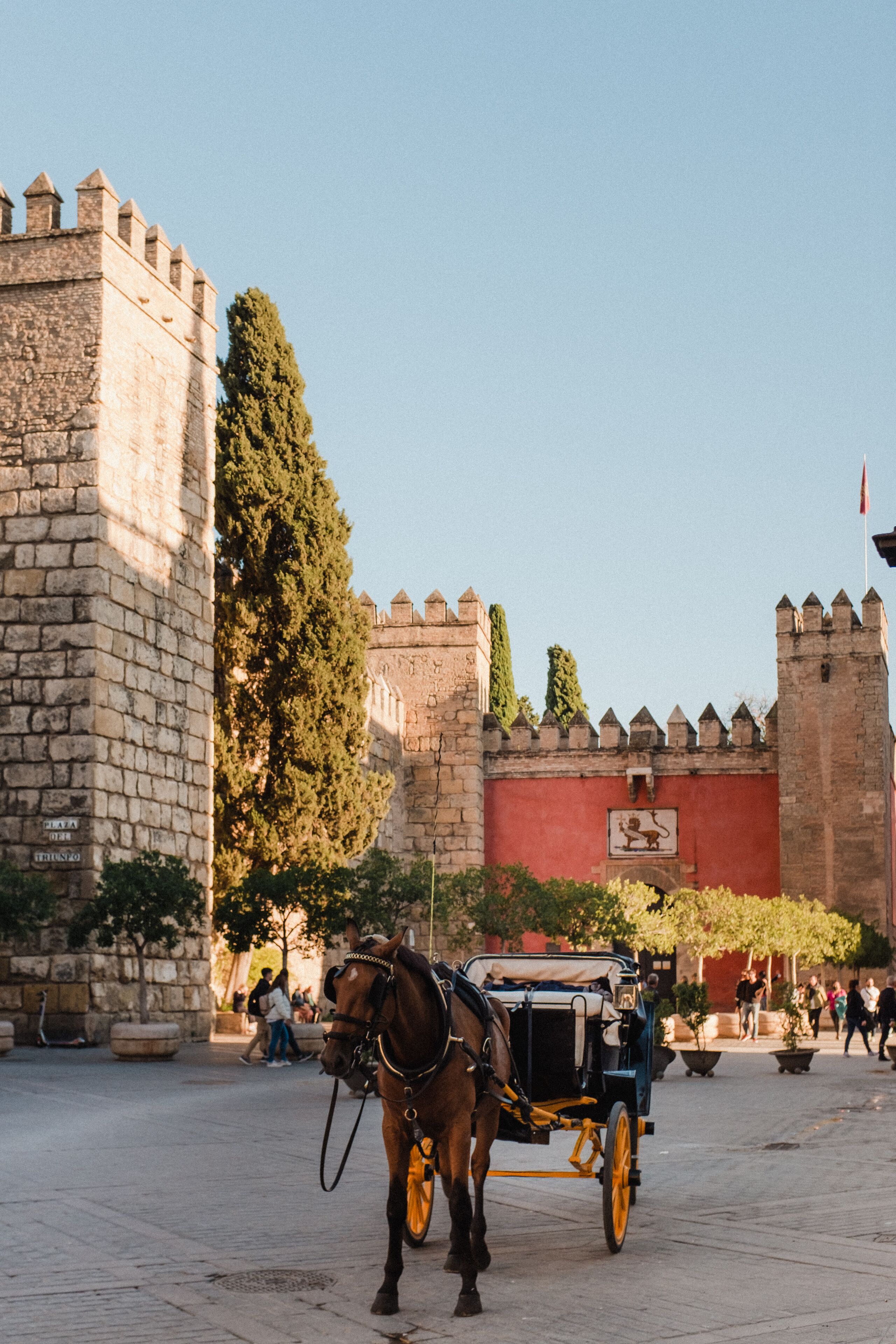 Une calèche tirée par des chevaux devant un mur de pierre historique orné d’un emblème représentant un lion.