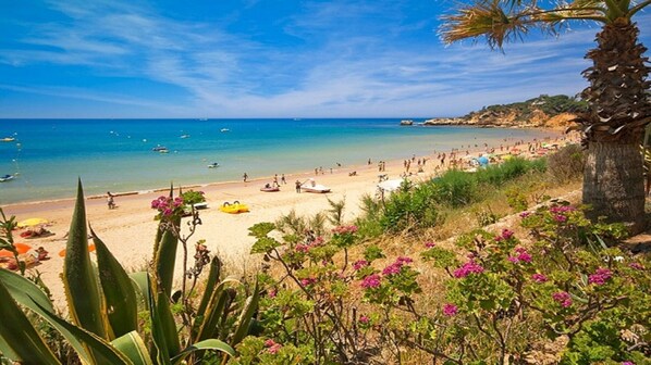 A beach with clear water, boats, and people.