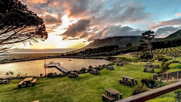 Vista de un lago con mesas de picnic y una terraza de madera que da al agua.