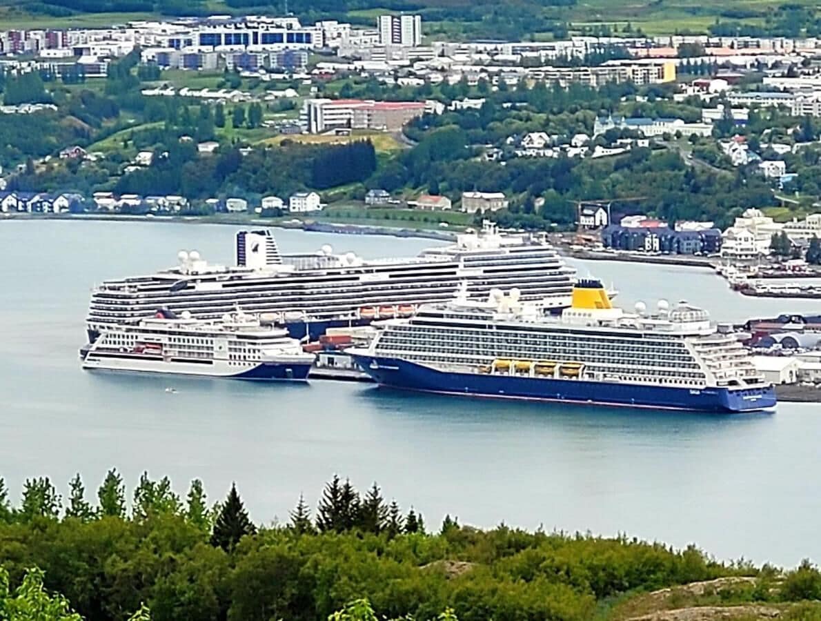 Un gran crucero atracado en un puerto, con un paisaje urbano al fondo.
