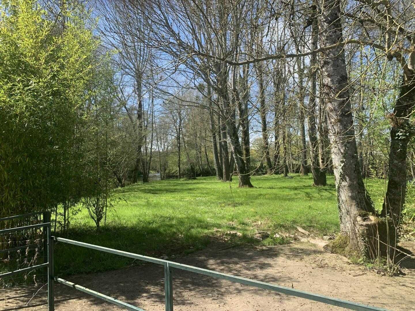 Une zone naturelle comprenant des arbres, de l’herbe et une clôture en métal.