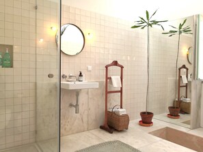 Shower, eco-friendly toiletries, hair dryer, towels