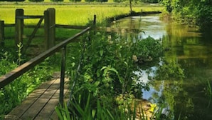 A wooden bridge over a calm river with lush greenery and trees in the background. - Charming cottage in the heart of the Cotswolds (Cirencester)