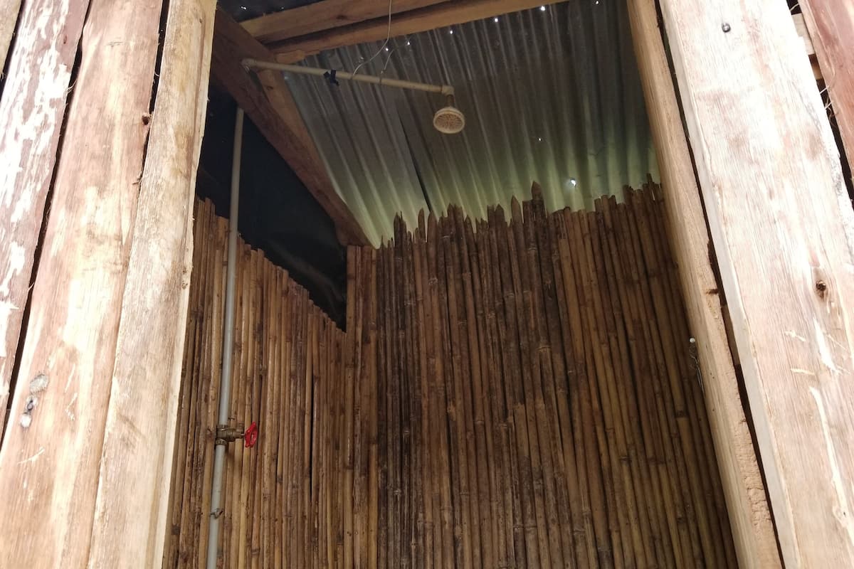 A wooden interior with a corrugated metal roof and a bamboo wall.
