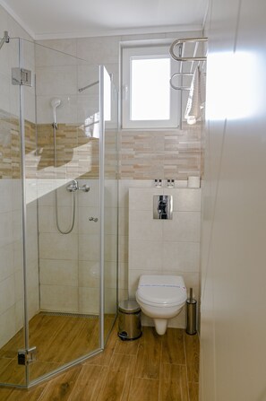 Douche, articles de toilette gratuits, sèche-cheveux, chaussons