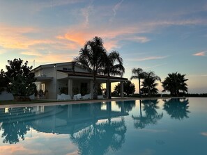 A modern house with a pool, surrounded by palm trees and a clear sky.