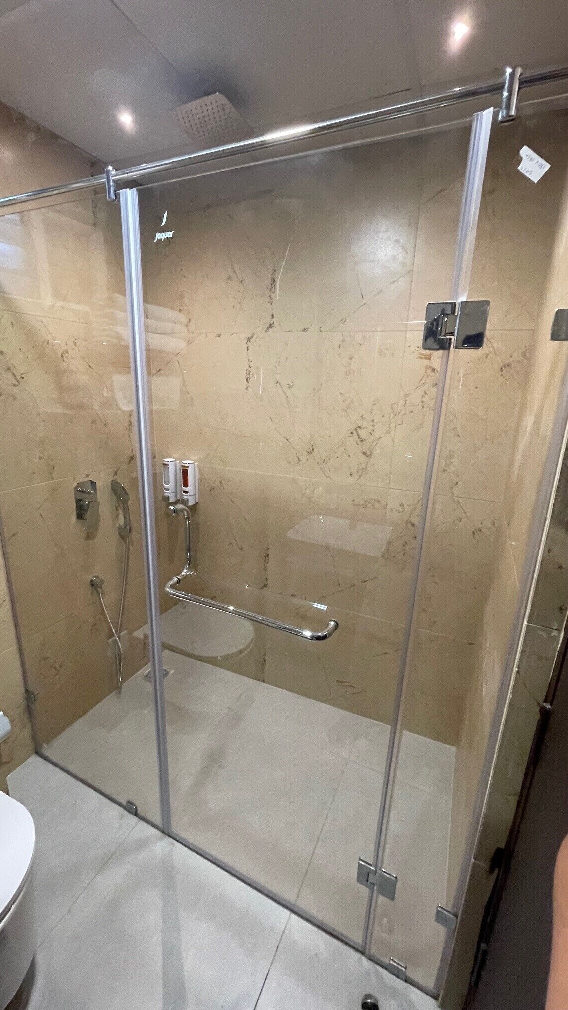 Une douche fermée par des parois en verre, dotée d’un pommeau de douche à main et d’une barre de douche à main.
